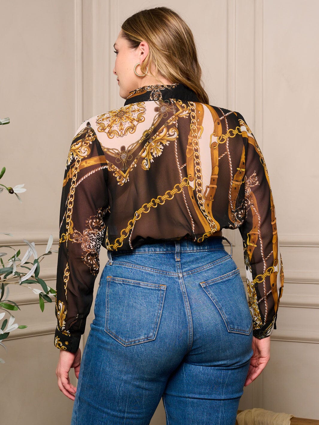 PLUS SIZE LONG SLEEVE BUTTON UP MULTI PRINT CROP TOP