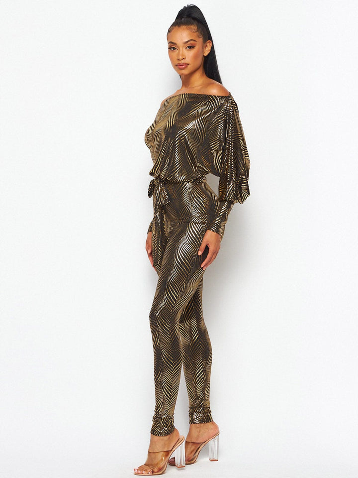 WOMEN'S OFF SHOULDER LONG SLEEVE SELF TIE SHIMMER SKINNY LEG JUMPSUIT