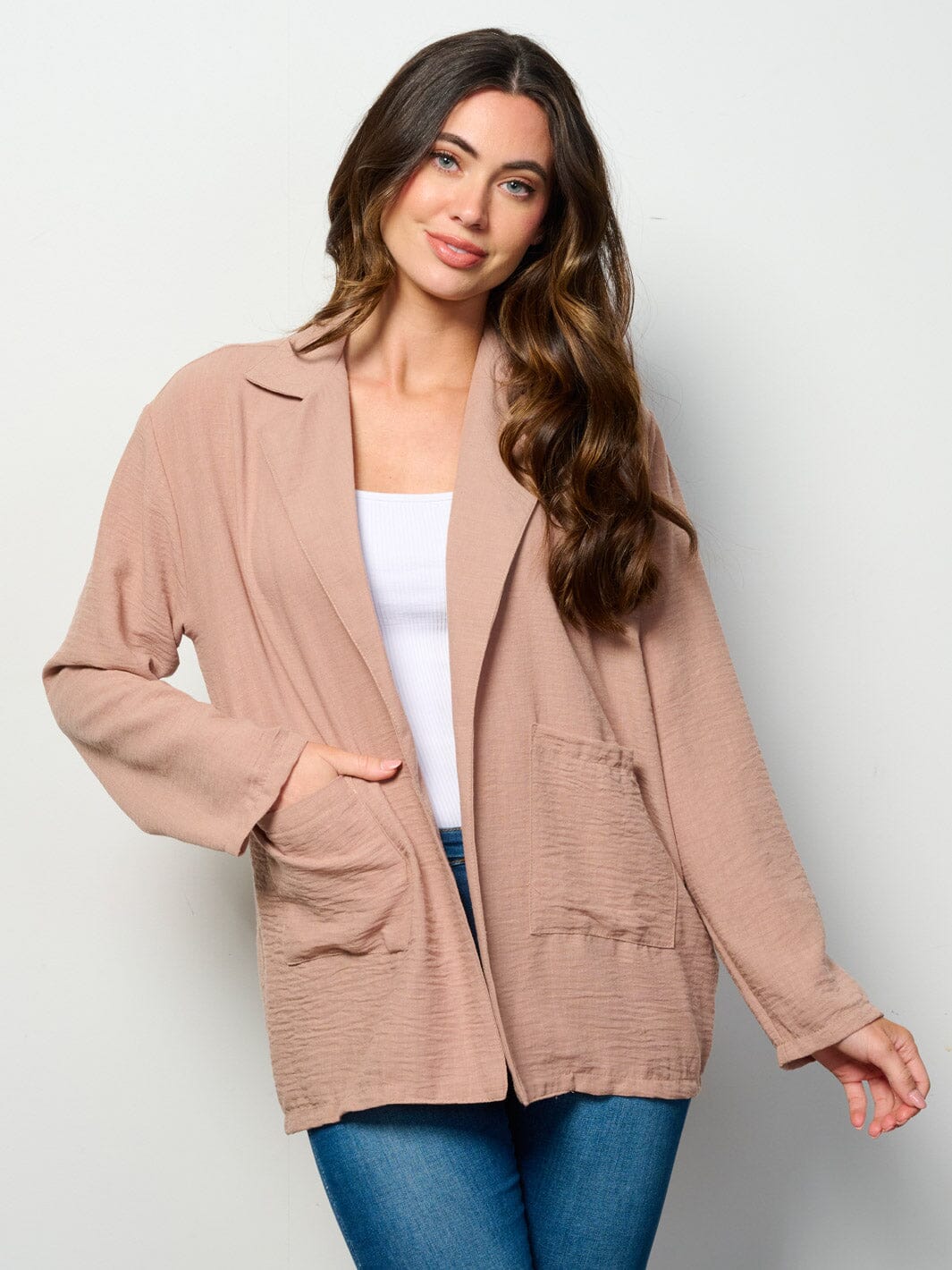 WOMEN'S LONG SLEEVE OPEN FRONT POCKETS BLAZER