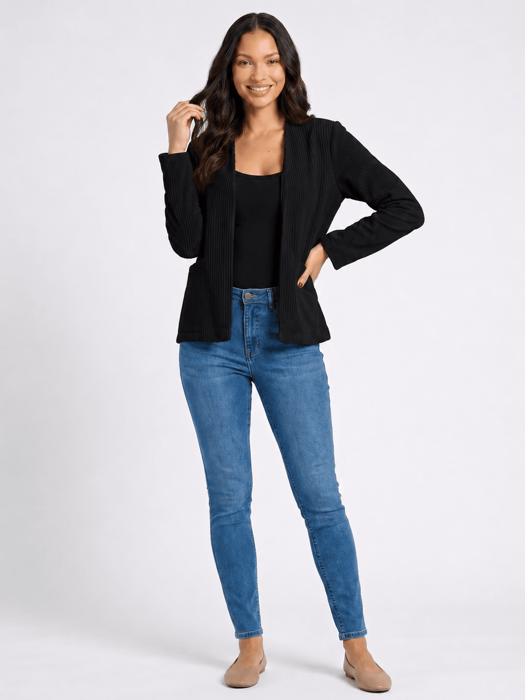 WOMEN'S LONG SLEEVE OPEN FRONT POCKETS RIBBED BLAZER
