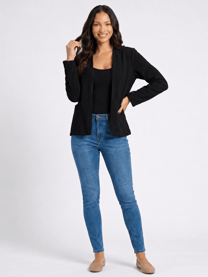 WOMEN'S LONG SLEEVE OPEN FRONT POCKETS RIBBED BLAZER
