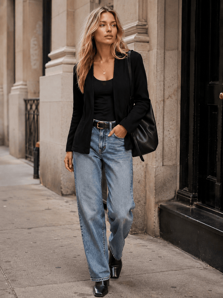 WOMEN'S LONG SLEEVE OPEN FRONT POCKETS RIBBED BLAZER