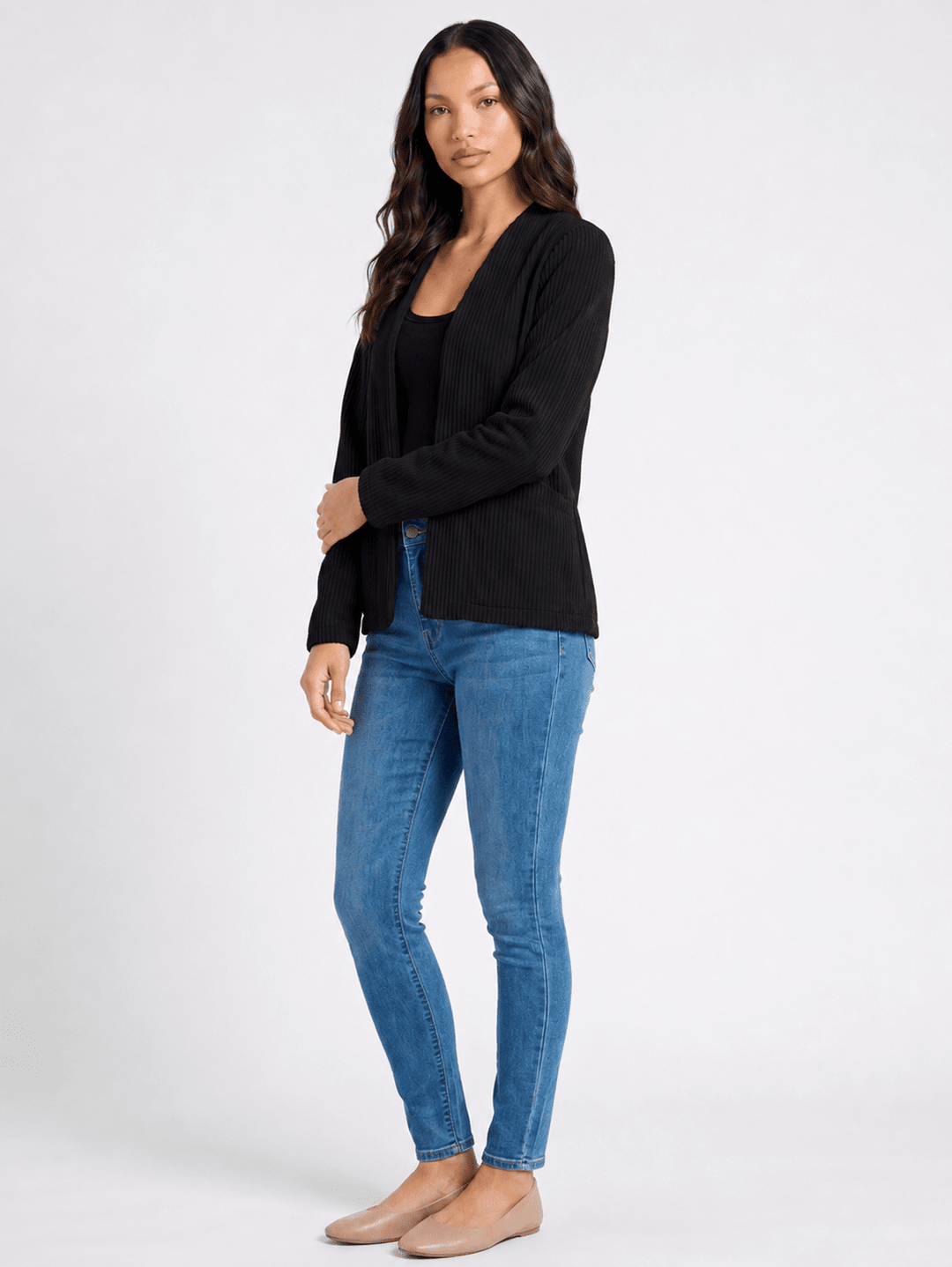 WOMEN'S LONG SLEEVE OPEN FRONT POCKETS RIBBED BLAZER
