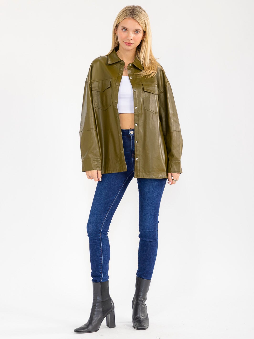 WOMEN'S LONG SLEEVE BUTTON CLOSURE FRONT POCKETS PU PLEATHER JACKET