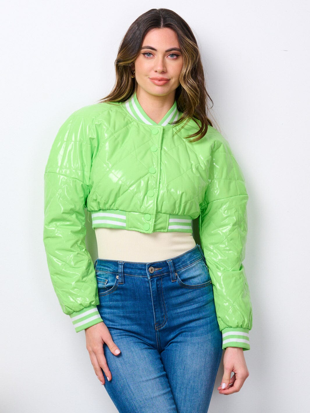 WOMEN'S LONG SLEEVE BUTTON UP PU PLEATHER CROP JACKET