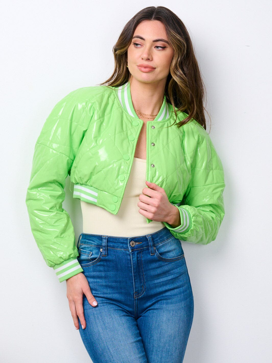 WOMEN'S LONG SLEEVE BUTTON UP PU PLEATHER CROP JACKET