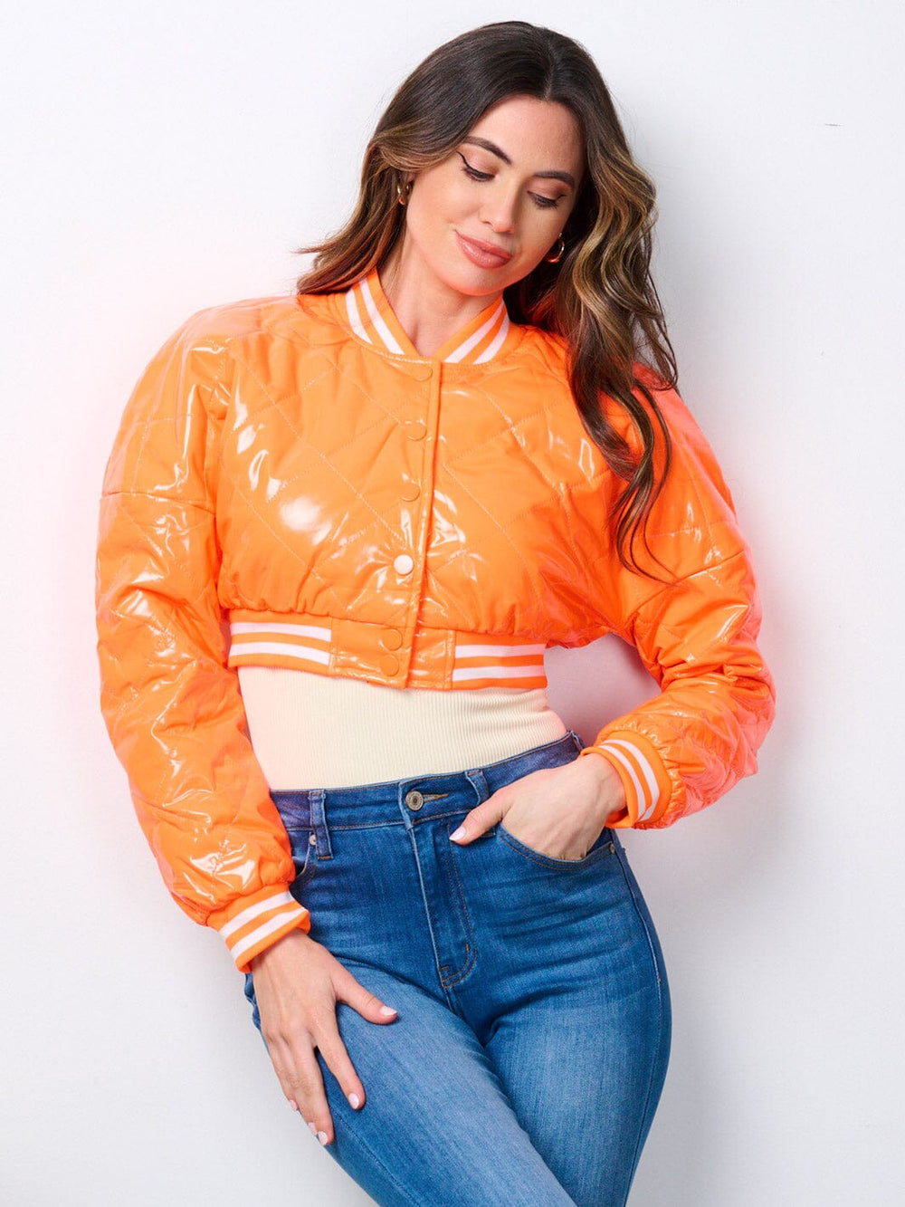 WOMEN'S LONG SLEEVE BUTTON UP PU PLEATHER CROP JACKET