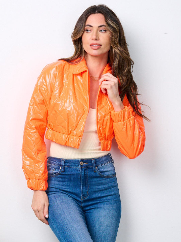 WOMEN'S LONG SLEEVE OPEN FRONT PU PLEATHER CROP JACKET