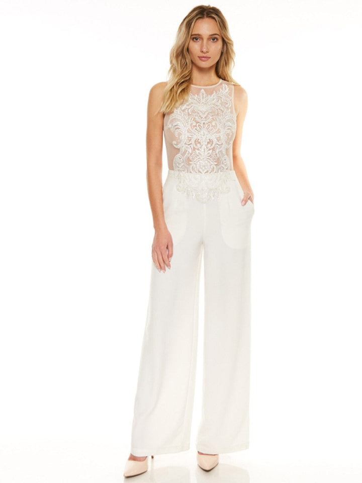 WOMEN'S SLEEVELESS MESH EMBROIDERY WIDE LEG JUMPSUIT