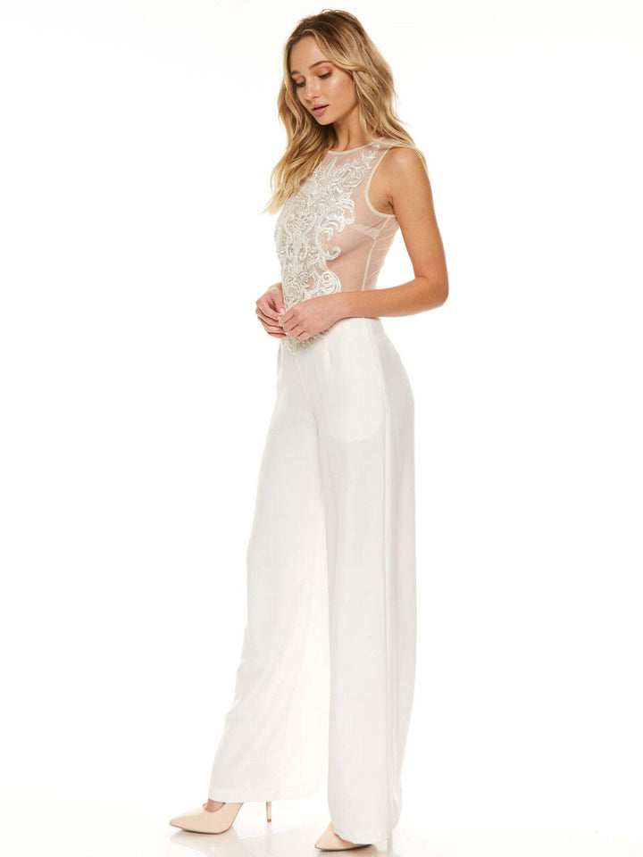 WOMEN'S SLEEVELESS MESH EMBROIDERY WIDE LEG JUMPSUIT