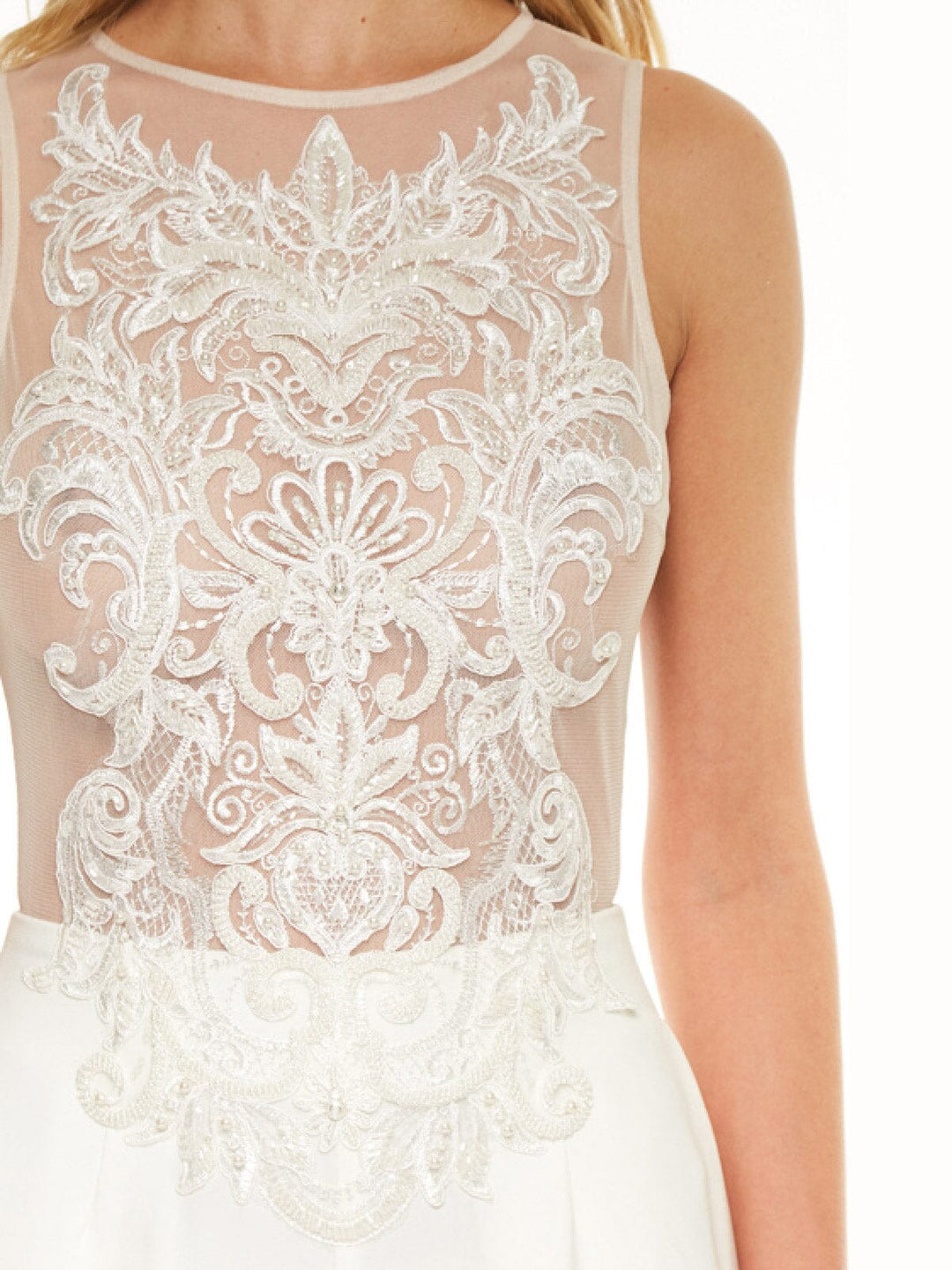 WOMEN'S SLEEVELESS MESH EMBROIDERY WIDE LEG JUMPSUIT