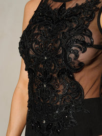 WOMEN'S SLEEVELESS MESH EMBROIDERY WIDE LEG JUMPSUIT