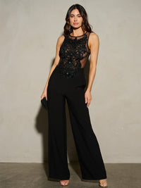 WOMEN'S SLEEVELESS MESH EMBROIDERY WIDE LEG JUMPSUIT