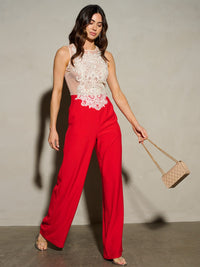 WOMEN'S SLEEVELESS MESH EMBROIDERY WIDE LEG JUMPSUIT