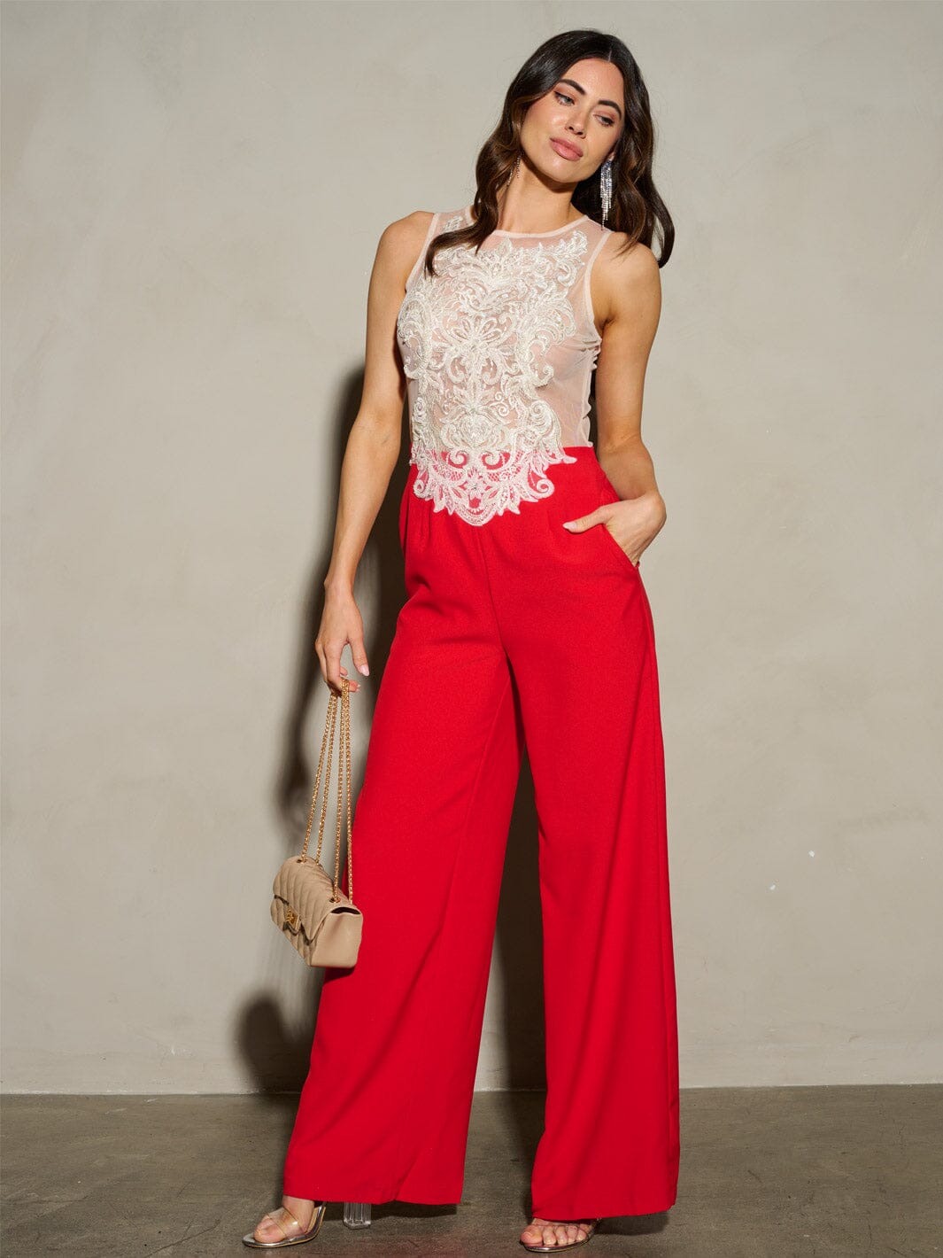 WOMEN'S SLEEVELESS MESH EMBROIDERY WIDE LEG JUMPSUIT