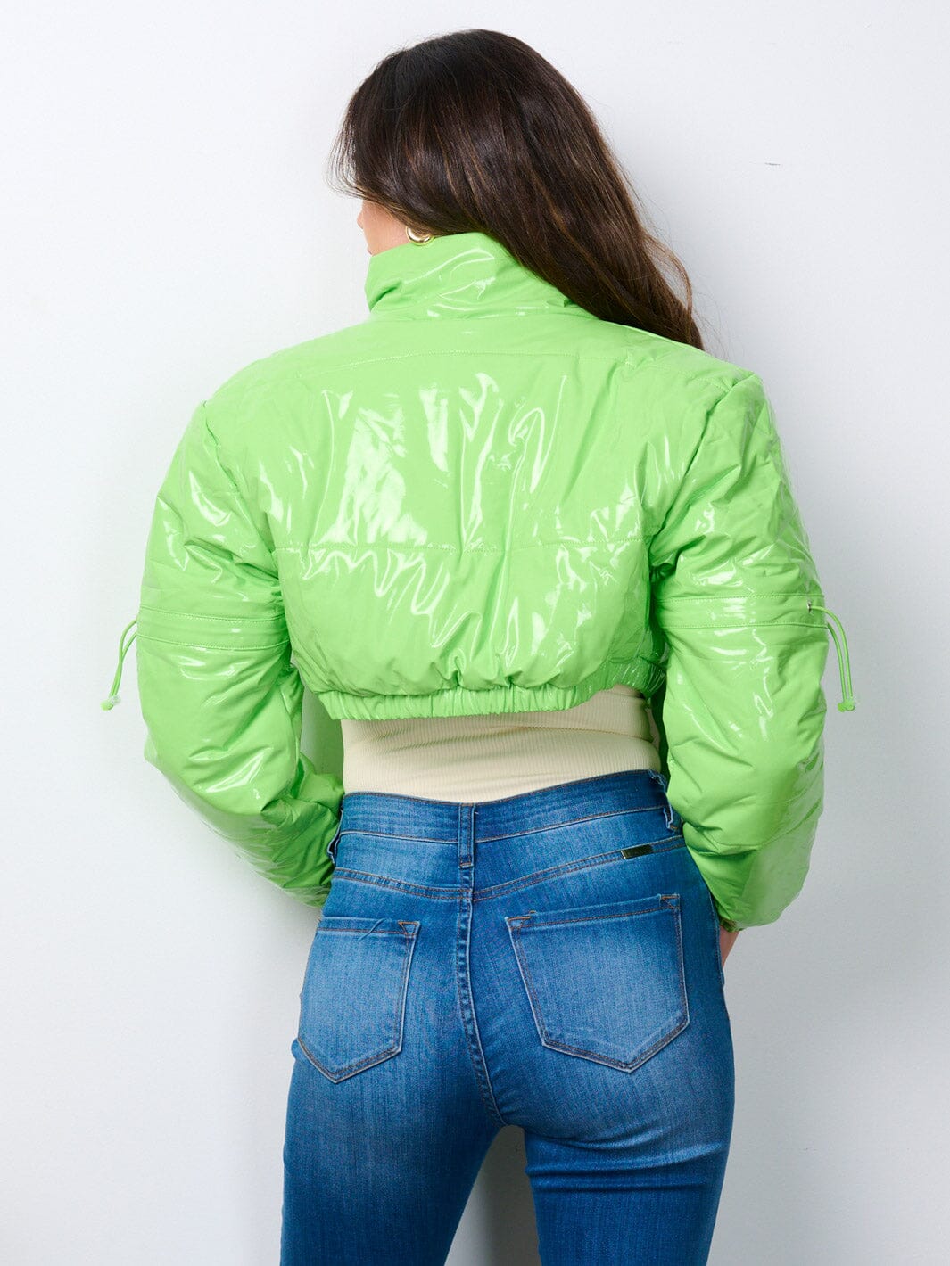 WOMEN'S LONG SLEEVE ZIP UP PU PLEATHER CROP JACKET