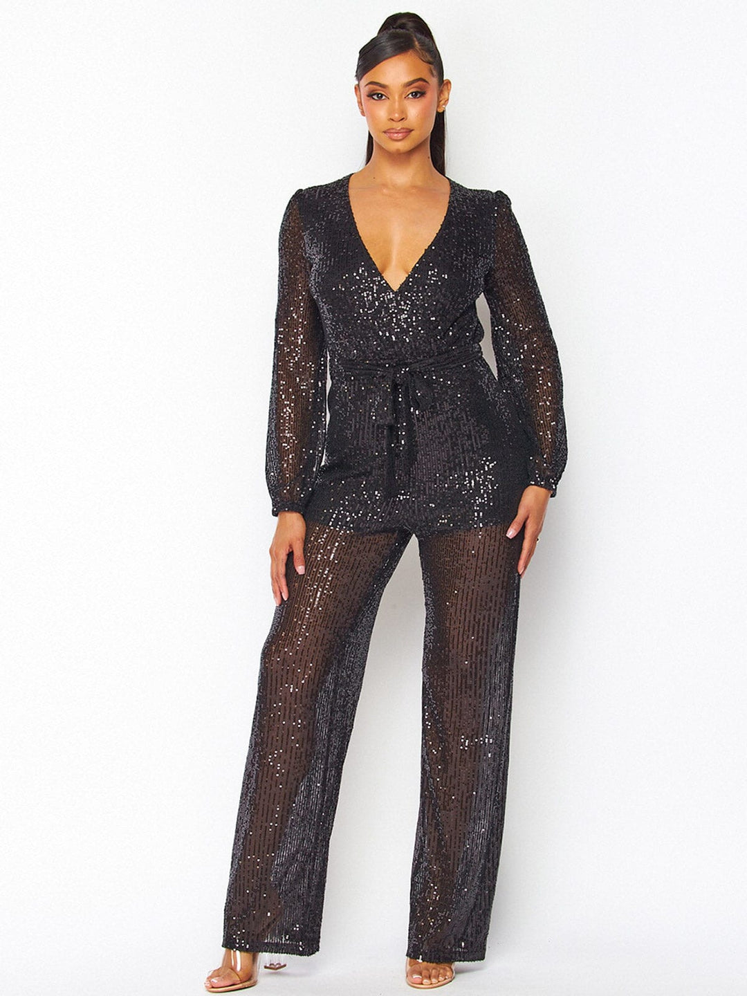 WOMEN'S LONG SLEEVE SELF TIE SURPLICE SEQUINS WIDE LEG JUMPSUIT