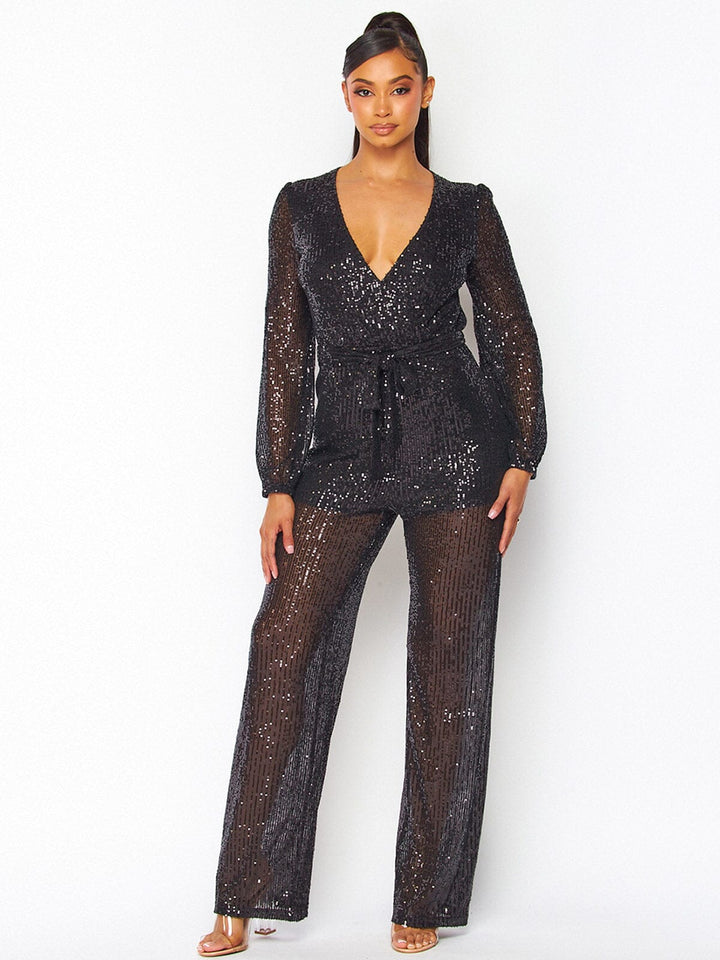 WOMEN'S LONG SLEEVE SELF TIE SURPLICE SEQUINS WIDE LEG JUMPSUIT