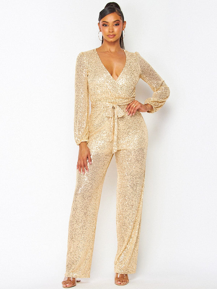 WOMEN'S LONG SLEEVE SELF TIE SURPLICE SEQUINS WIDE LEG JUMPSUIT