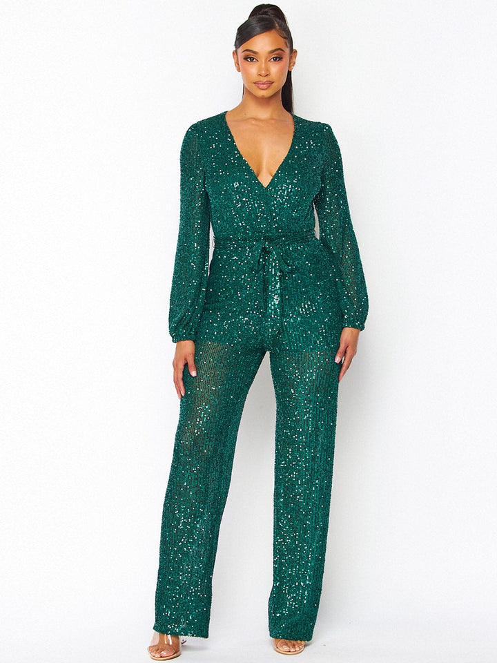 WOMEN'S LONG SLEEVE SELF TIE SURPLICE SEQUINS WIDE LEG JUMPSUIT