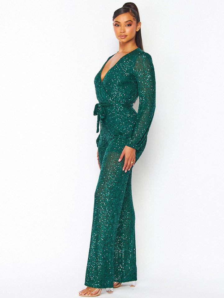 WOMEN'S LONG SLEEVE SELF TIE SURPLICE SEQUINS WIDE LEG JUMPSUIT