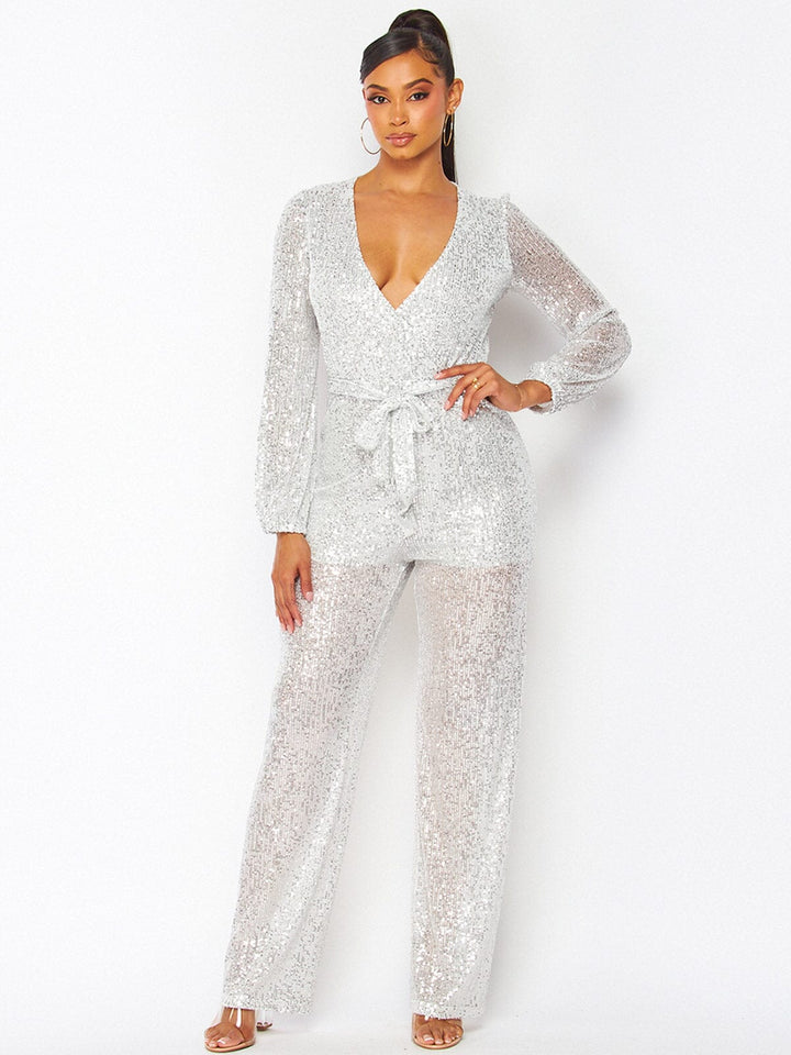 WOMEN'S LONG SLEEVE SELF TIE SURPLICE SEQUINS WIDE LEG JUMPSUIT