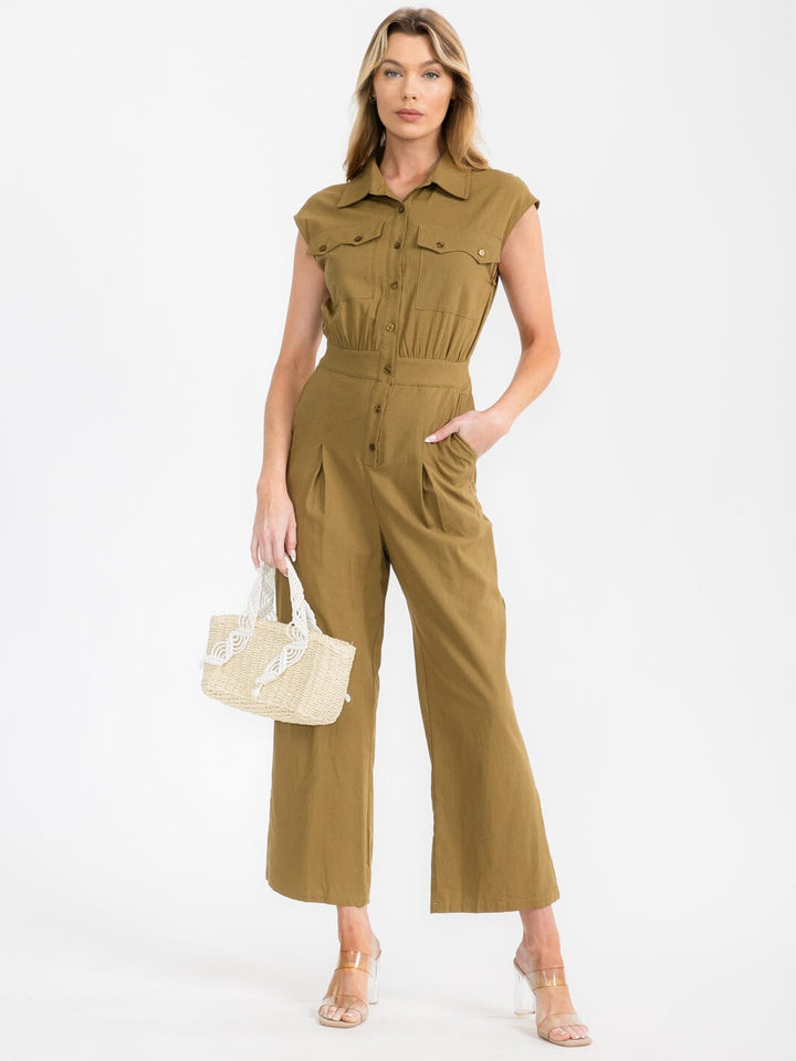 WOMEN'S SLEEVELESS BUTTON UP POCKETS WIDE LEG JUMPSUIT