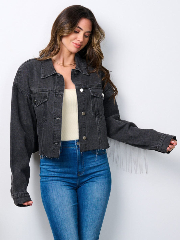 WOMEN'S LONG SLEEVE STUD FRINGE DETAILED RAW EDGE DENIM JACKET