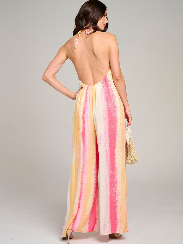 WOMEN'S SLEEVELESS FRONT POCKET OPEN BACK COLORBLOCK WIDE LEG JUMPSUIT