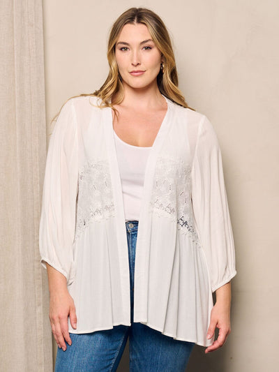 PLUS SIZE 3/4 SLEEVE OPEN FRONT LACE DETAILED CARDIGAN