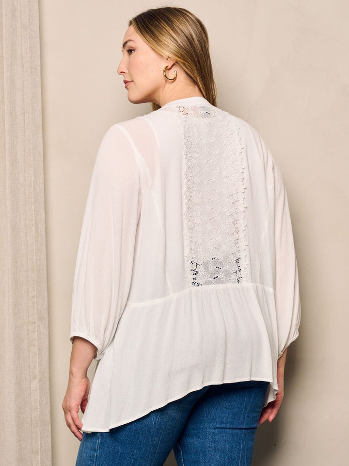 PLUS SIZE 3/4 SLEEVE OPEN FRONT LACE DETAILED CARDIGAN