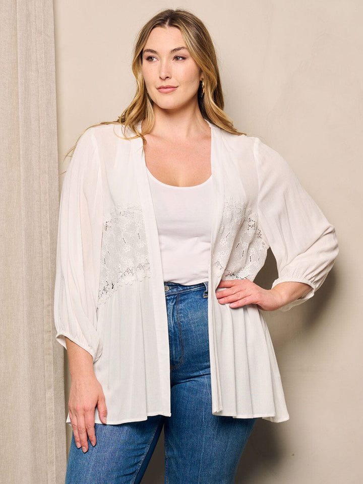 PLUS SIZE 3/4 SLEEVE OPEN FRONT LACE DETAILED CARDIGAN