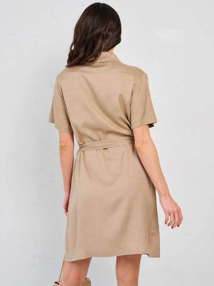 WOMEN'S SHORT SLEEVE FRONT POCKETS BUTTON CLOSURE WRAP MINI DRESS