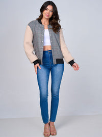 WOMEN'S LONG SLEEVE BUTTON CLOSURE FRONT POCKET SHERPA CONTRAST JACKET