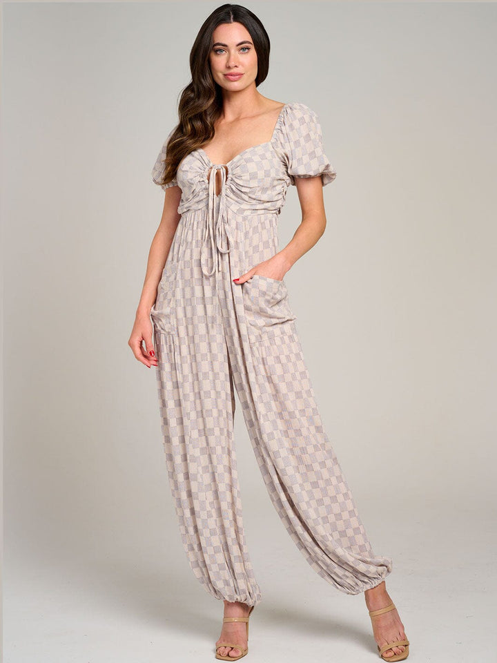 WOMEN'S SHORT PUFF SLEEVE FRONT POCKETS OPEN BACK JOGGER JUMPSUIT