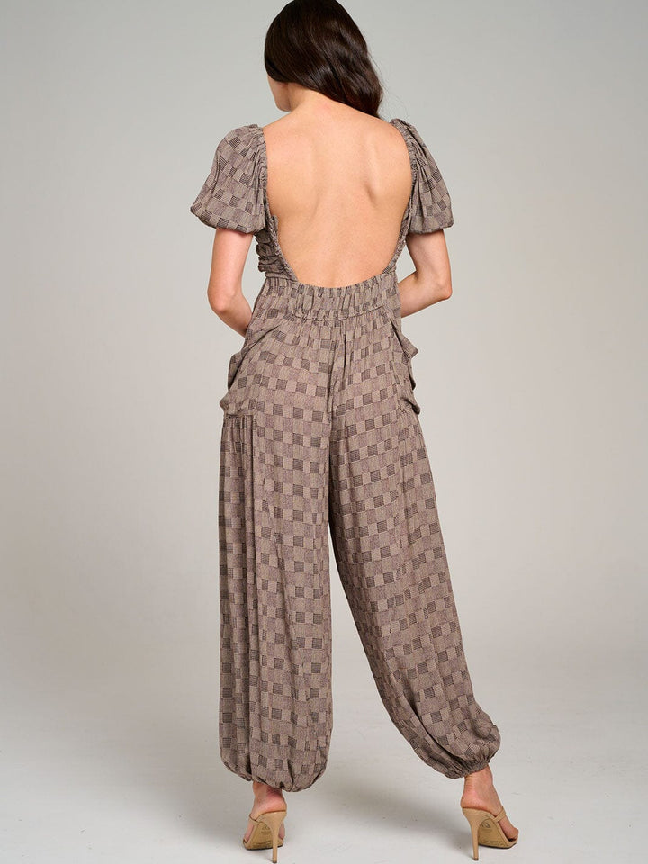 WOMEN'S SHORT PUFF SLEEVE FRONT POCKETS OPEN BACK JOGGER JUMPSUIT