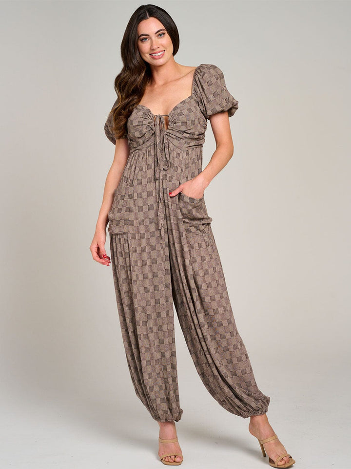 WOMEN'S SHORT PUFF SLEEVE FRONT POCKETS OPEN BACK JOGGER JUMPSUIT