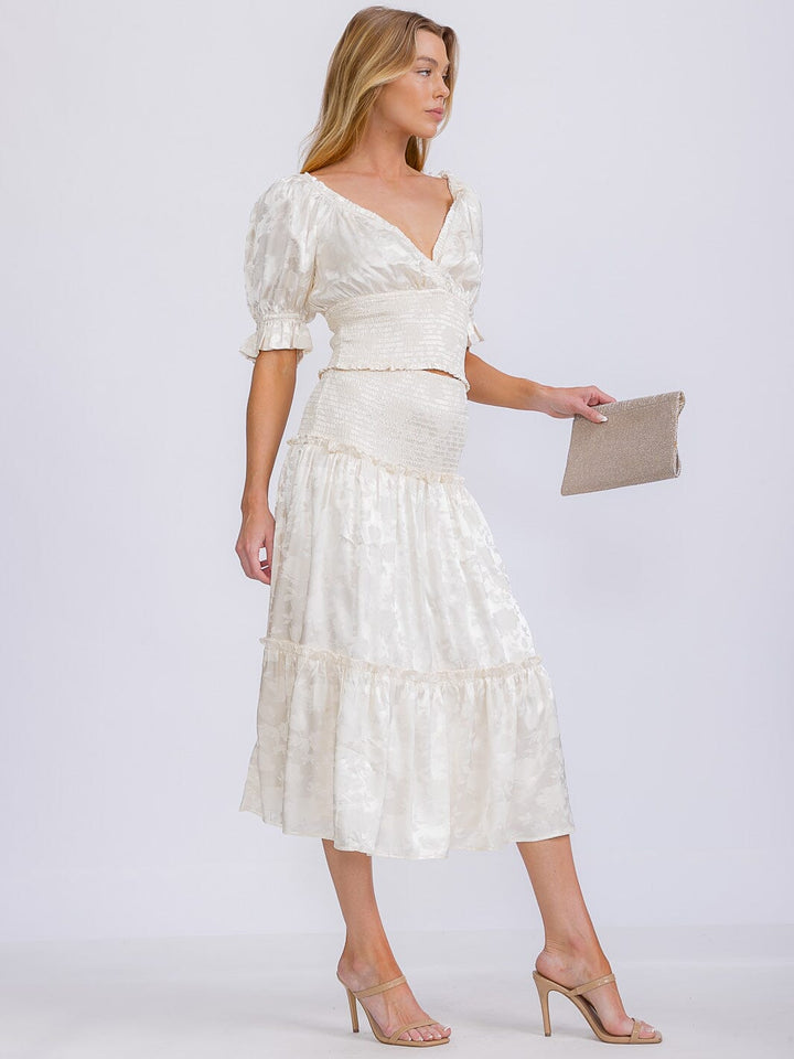 WOMEN'S SMOCK WAIST FLORAL PRINT TIERED MIDI SKIRT