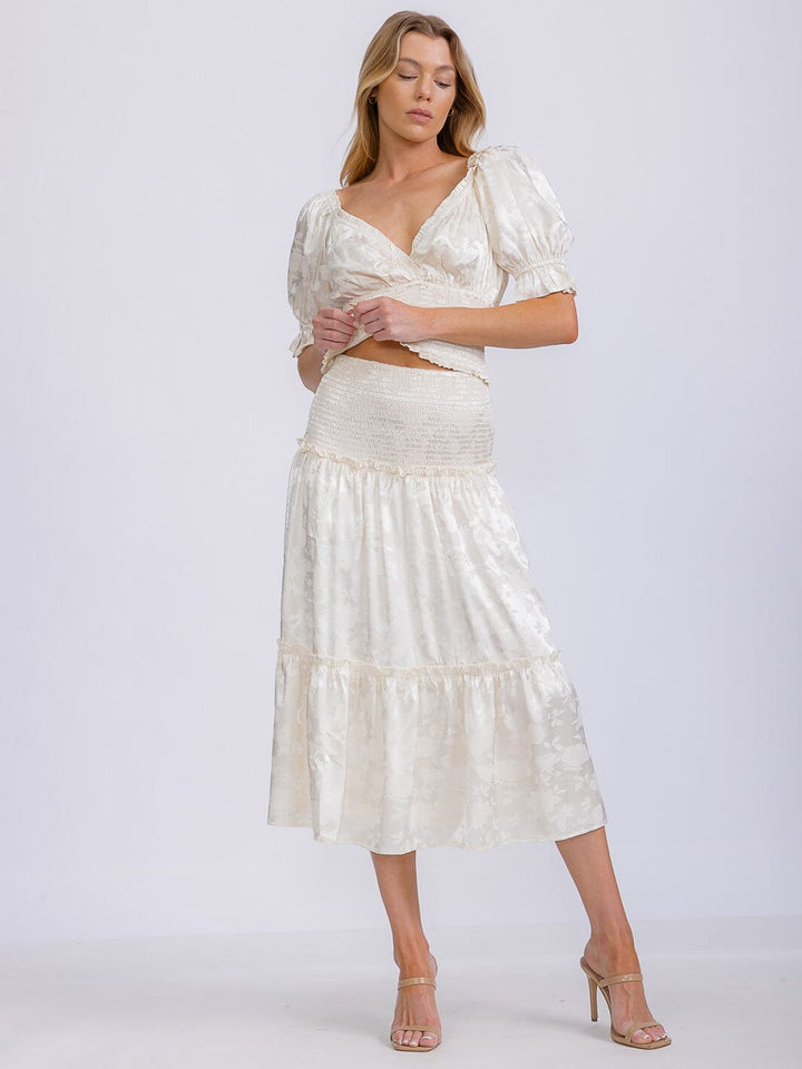 WOMEN'S SMOCK WAIST FLORAL PRINT TIERED MIDI SKIRT