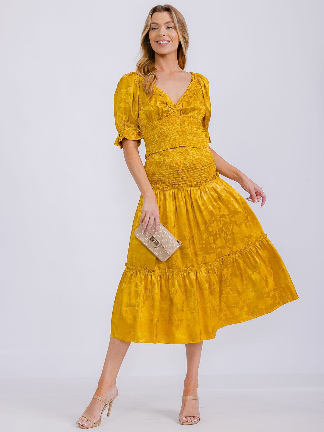 WOMEN'S SMOCK WAIST FLORAL PRINT TIERED MIDI SKIRT