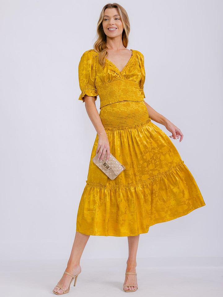 WOMEN'S SMOCK WAIST FLORAL PRINT TIERED MIDI SKIRT