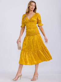 WOMEN'S SMOCK WAIST FLORAL PRINT TIERED MIDI SKIRT