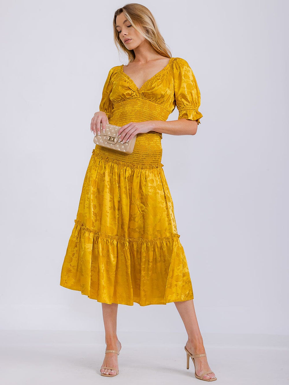 WOMEN'S SMOCK WAIST FLORAL PRINT TIERED MIDI SKIRT