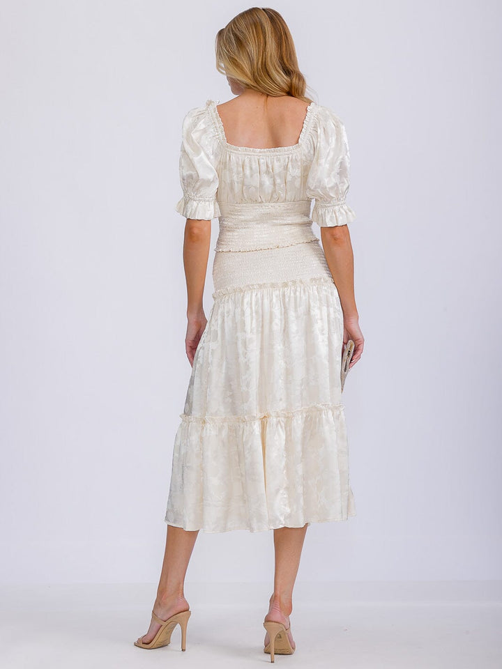 WOMEN'S SMOCK WAIST FLORAL PRINT TIERED MIDI SKIRT