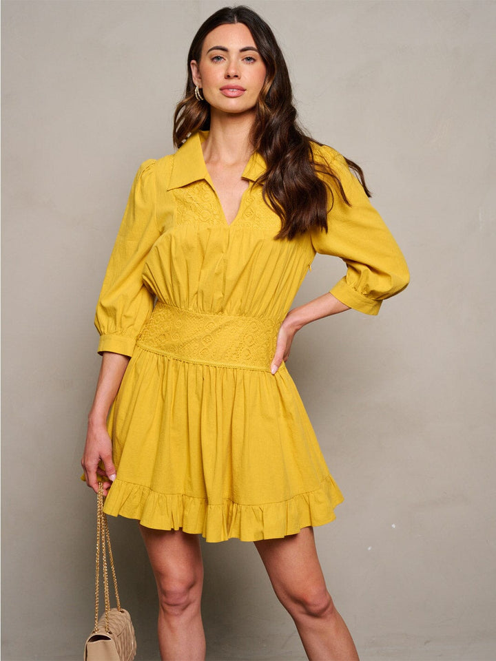 WOMEN'S 3/4 SLEEVE SMOCK RUFFLE V-NECK DETAILED MINI DRESS