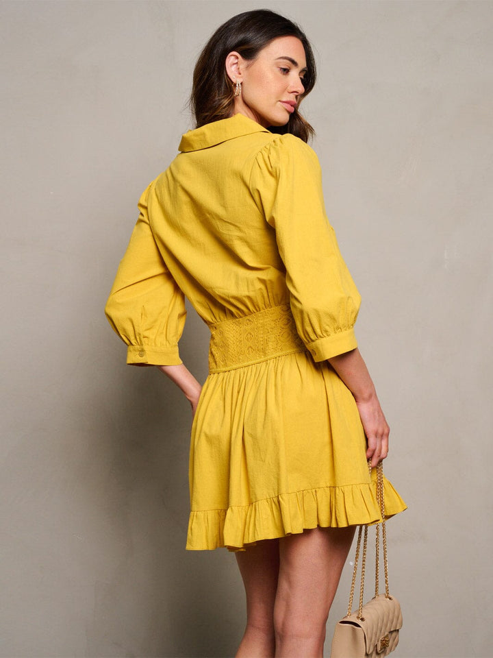 WOMEN'S 3/4 SLEEVE SMOCK RUFFLE V-NECK DETAILED MINI DRESS