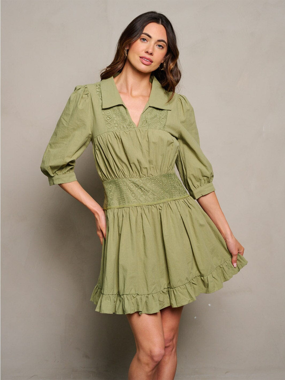 WOMEN'S 3/4 SLEEVE SMOCK RUFFLE V-NECK DETAILED MINI DRESS