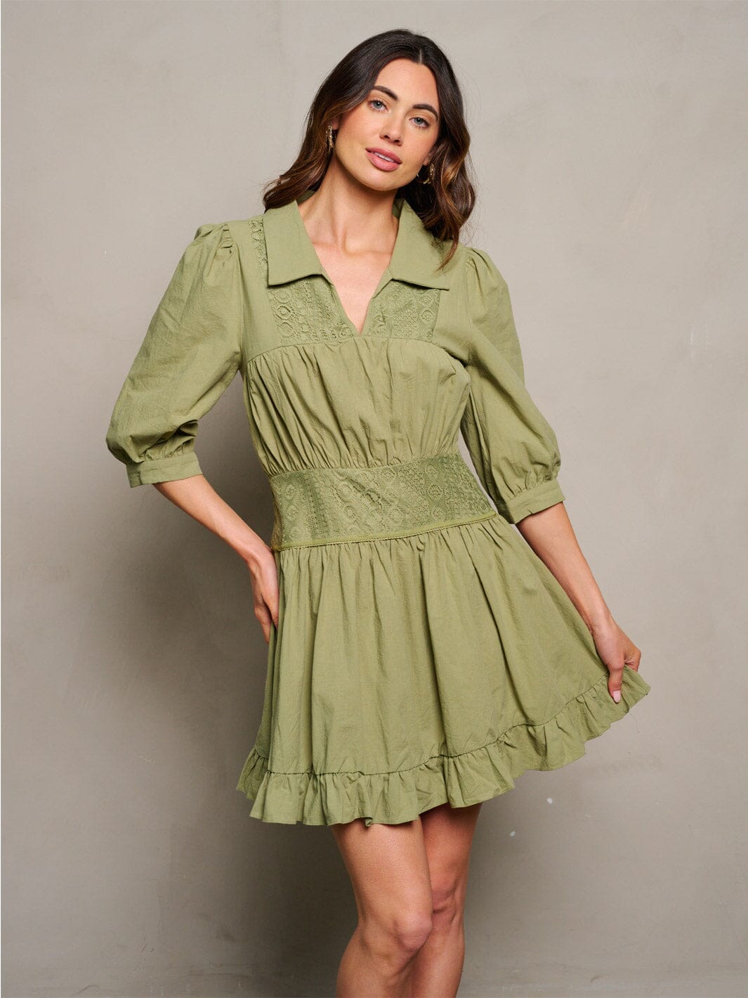 WOMEN'S 3/4 SLEEVE SMOCK RUFFLE V-NECK DETAILED MINI DRESS