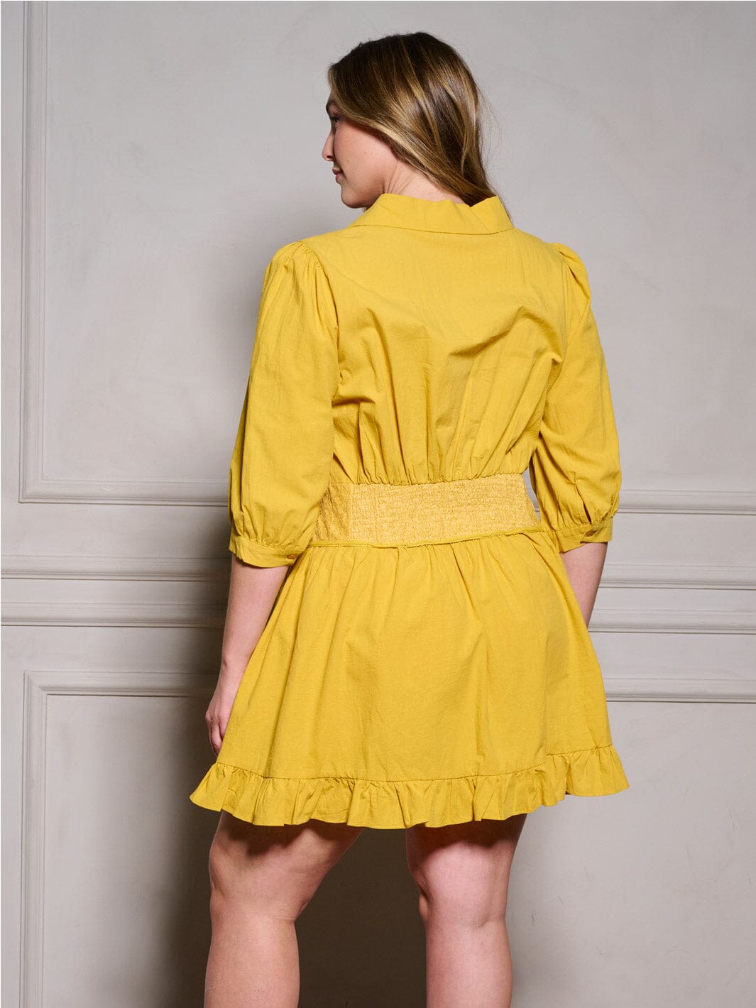 PLUS SIZE 3/4 SLEEVES V-NECK DETAILED FIT & FLARE MINI DRESS