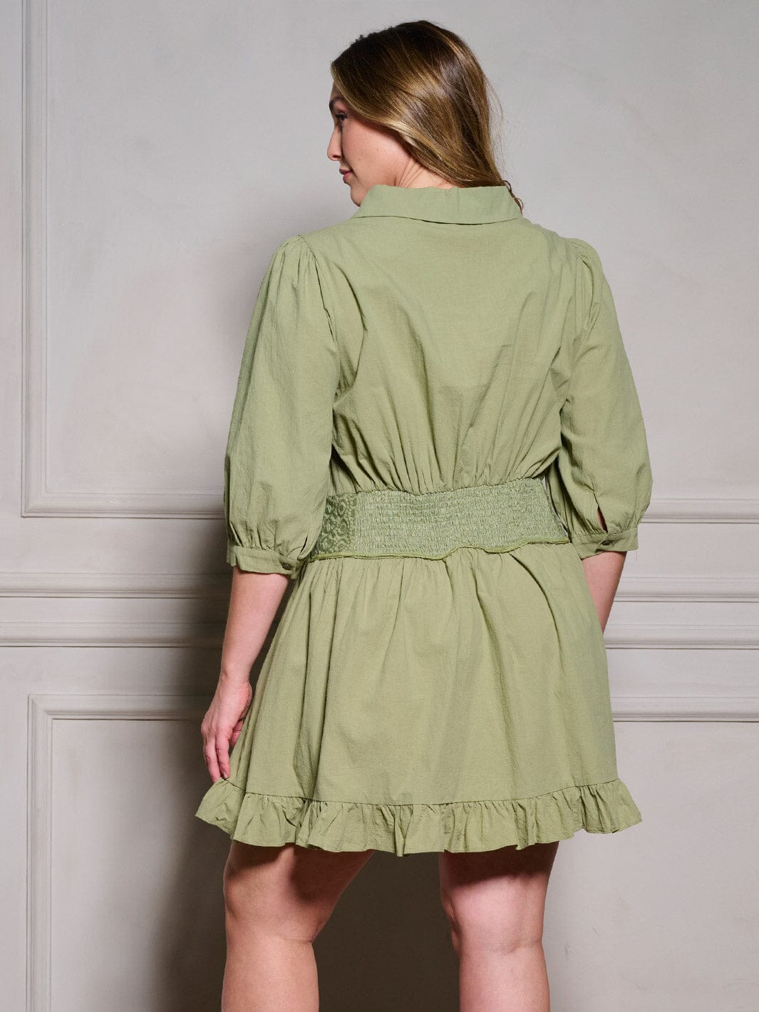 PLUS SIZE 3/4 SLEEVES V-NECK DETAILED FIT & FLARE MINI DRESS